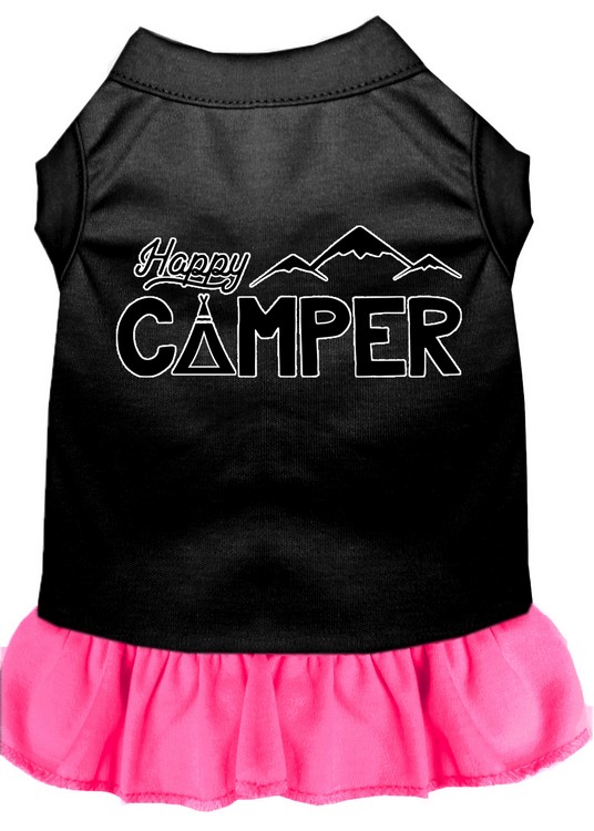 Happy Camper Screen Print Dog Dress Black with Bright Pink Med